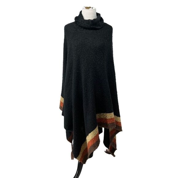 Soft‎ Surroundings Black Orange Telluride Soft Boucle Poncho w Tassels - Picture 1 of 3